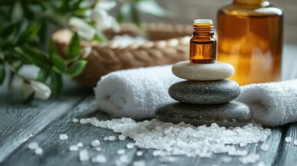 A calming spa treatment layout with essential oils, sea salt crystals, and stacked massage stones.