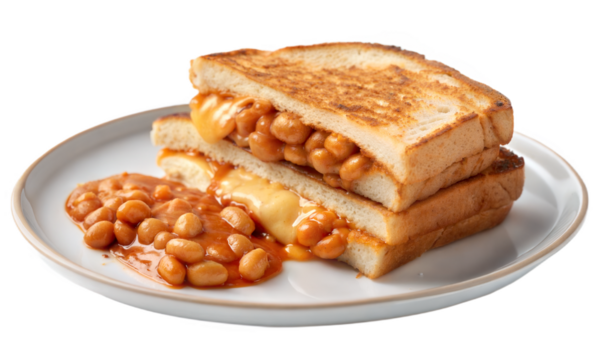 Baked Beans Toastie on White Plate – Crispy, Cheesy Comfort Food Isolated (Transparent PNG) for Recipes, Food Blogs & Marketing