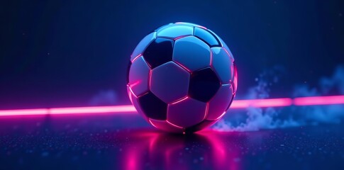 Neon colored soccer ball with glowing lines on blue background, ball, competition, vibrant