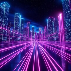 abstract neon background glowing ultraviolet vertical lines cyber space urban scene in virtual reality empty street in fantastic city skyscrapers under the night sky