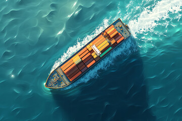 Aerial view of a cargo ship navigating through turquoise waters, surrounded by gentle waves