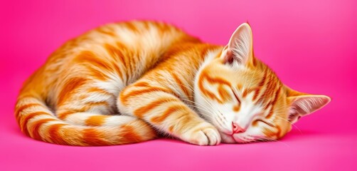 Orange and white striped cat curled asleep on pink background, pink background, simple