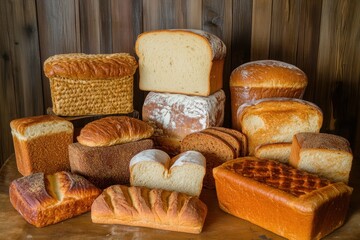 Assorted Freshly Baked Bread Loaves Displayed on Wooden Surface with Rustic Background