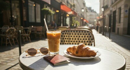 Fototapeta premium European café breakfast: Croissant, iced coffee, passport and sunglasses on a sunny day.