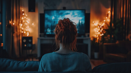 Fototapeta premium A woman is sitting on a couch in front of a television. The television is on and the woman is watching it. The room is decorated with Christmas lights, creating a cozy and festive atmosphere