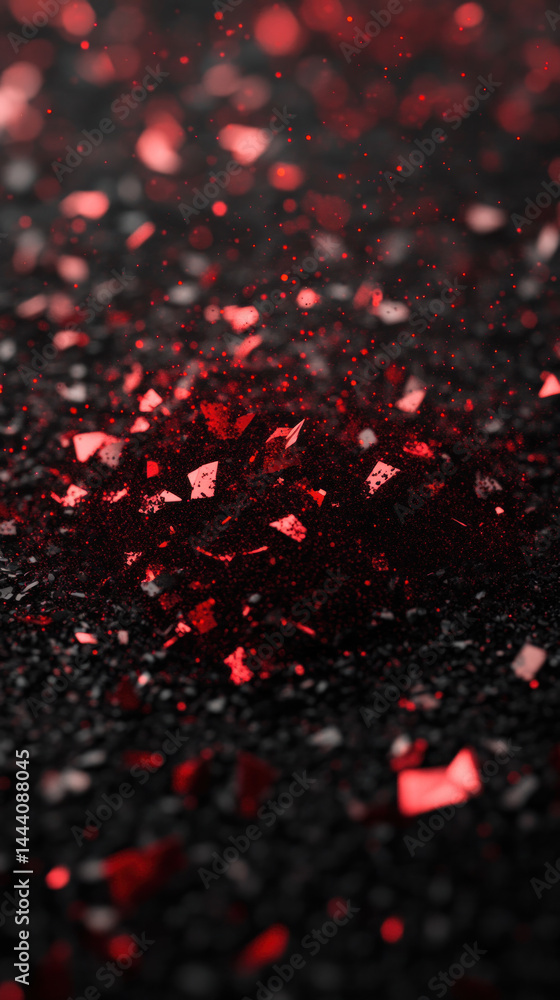 Poster a close up of a black background with red and black pieces of paper scattered around. the image has 