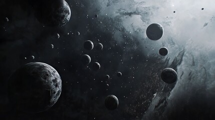 Dark cosmic nebula with numerous planets and stars in space sky art gray grey deep void vast night