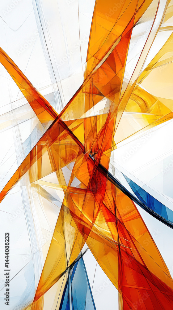 Poster a colorful abstract painting with orange and blue lines. the painting is full of energy and movement