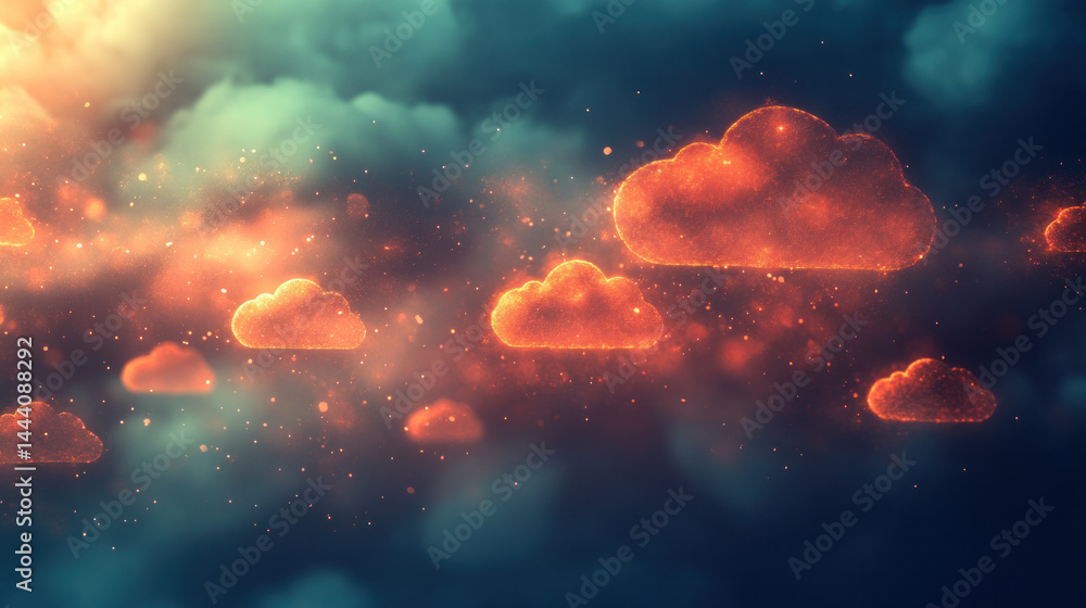 Poster a series of orange clouds are floating in the sky. the clouds are scattered and appear to be in diff