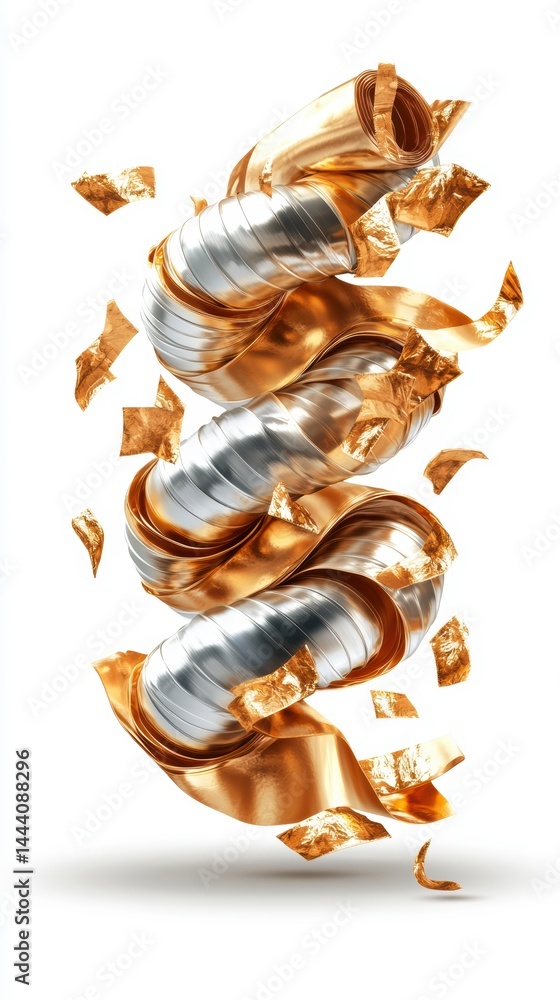 Poster dynamic spiral of metallic and copper elements abstract art studio setting creative design high-impa