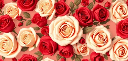 Elegant red and ivory stylized rose bouquet seamless pattern, perfect for backgrounds, roses, bouquet