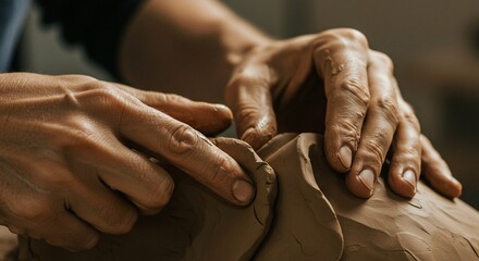 Hands molding clay, shaping and sculpting, artist creating. Close-up view of the work.