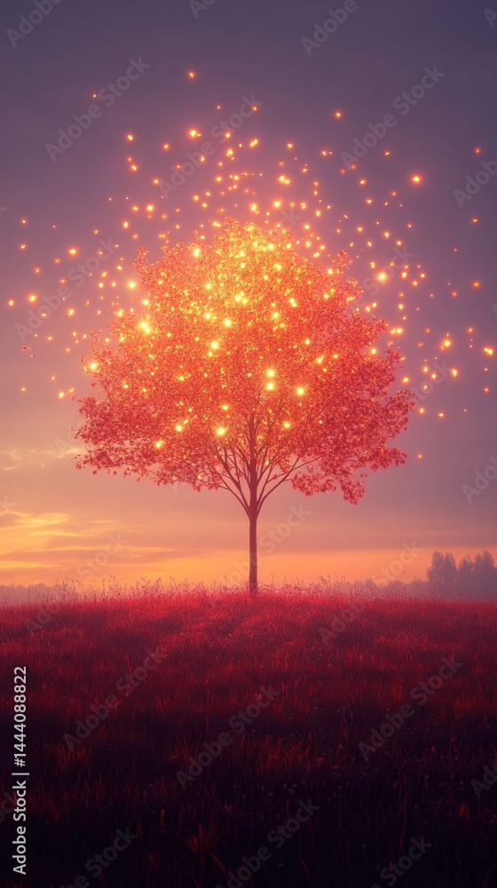 Poster a tree with glowing leaves is the main focus of this image. the tree is surrounded by a field of red