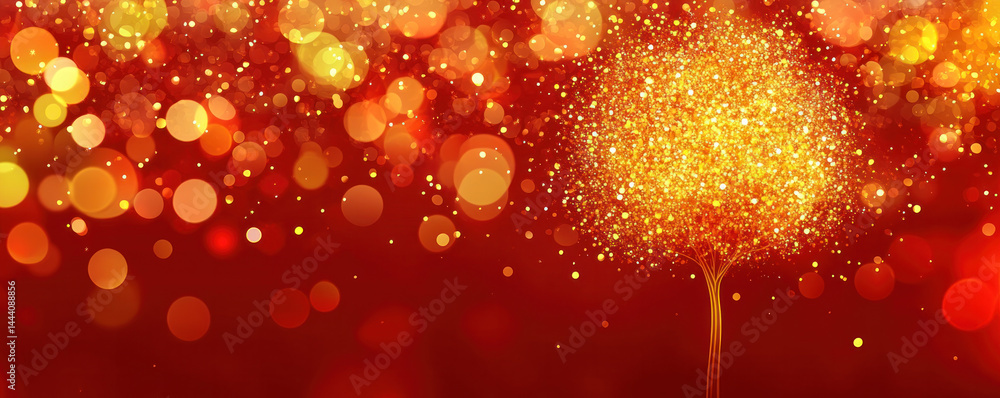 Poster a tree with gold leaves is surrounded by a red background with many small circles. the tree is the m