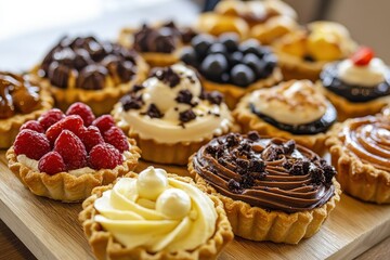 Assorted gourmet tarts displayed on a wooden platter in a bright caf? setting