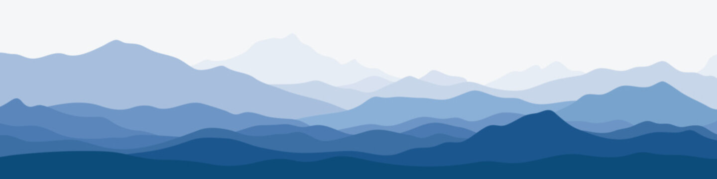 Vector illustration of mountains, ridge in the morning haze, panoramic view