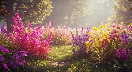 Obraz premium Picturesque meadow bathed in soft sunlight with vibrant wildflowers blooming