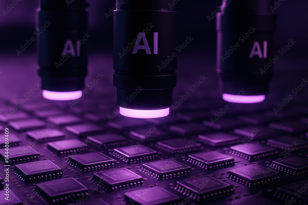Poster futuristic ai technology hovering over microchip circuit board