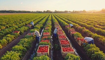 Group of agricultural workers harvesting ripe red tomatoes on large vegetable farm, filling wooden crates in organized rows of plants under warm sunlight, symbolizing food production and teamwork.