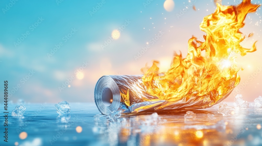 Aufkleber flaming metallic object in water fire and ice fusion high-contrast scene dynamic visual concept