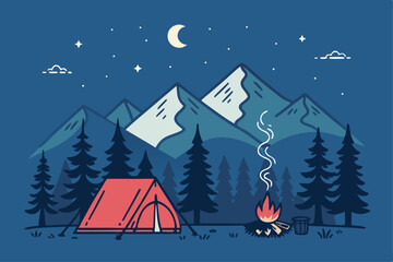 Create a minimalist vector pattern depicting a nighttime mountain campsite.  Include a tent, campfire, and stars.  Simple, geometric shapes preferred.