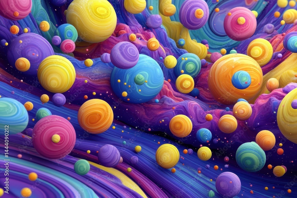 Poster vibrant abstract design featuring colorful spheres and swirling patterns.