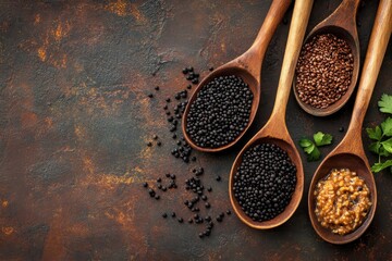 Assorted spices and seeds in wooden spoons on a rustic background with herbs