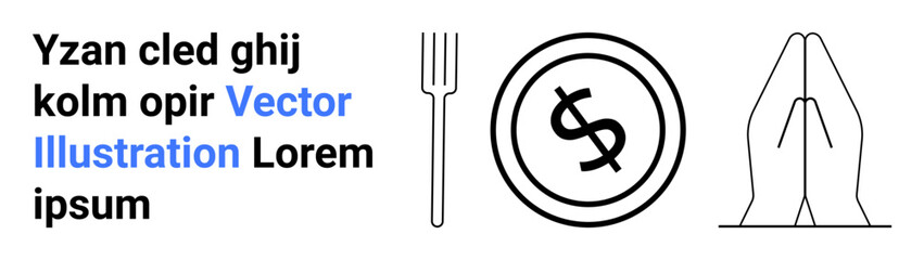 Praying hands, dollar coin with currency sign, and fork symbolizing spirituality, finances, and food. Ideal for gratitude, budgeting, charity, mindfulness faith giving and balanced living abstract