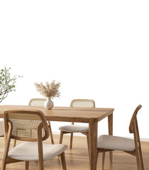 Obraz premium Free PNG wallpaper mockup in Interior Dining Room, Modern Dining Room with Framed Art and Wooden Furniture, 3D rendering