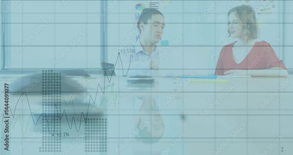 Poster two professionals discussing and analyzing financial data at office table with floating line graphs