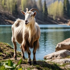 Fototapeta premium Potrait of old Goat standing in front of beautiful lake AI Generated Image