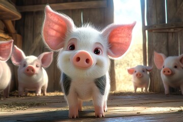 Obraz premium Cute piglets in barn, sunlight, happy farm animals, children's book illustration