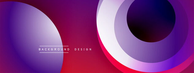Abstract overlapping circles create dynamic gradient background. Purple, magenta, red hues dominate composition. Modern design element.