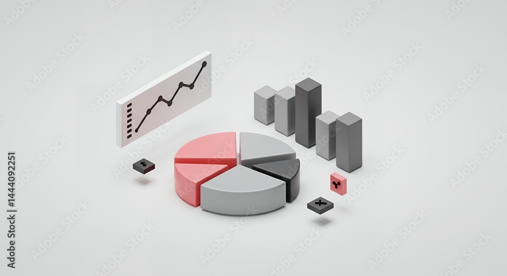 Poster isometric 3d render of business and financial data visualization with pie chart, bar graph, and line