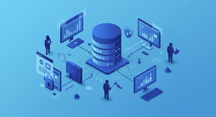 Obraz premium Isometric illustration of data center security, depicting network engineers monitoring and securing a database server, with data protection and information technology concepts