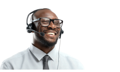 Smiling customer service representative with headset and glasses support job isolated on transparent background