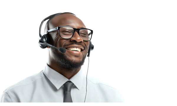Smiling customer service representative with headset and glasses support job isolated on transparent background