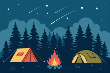 Create a whimsical illustration of a nighttime camping scene featuring multiple tents, a crackling bonfire, and starry sky.  Include cozy details.
