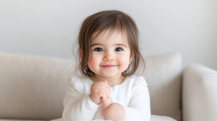 Naklejka premium Adorable toddler girl smiles warmly. A sweet, innocent expression. Simple, neutral background