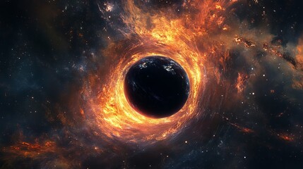 Naklejka premium Fiery cosmic nebula surrounding dark planet dramatic space scene art red sky fire glow stars black