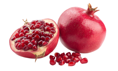 Pomegranate fruit benefits and nutrition facts healthy eating and recipes tips isolated on transparent background