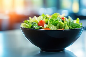 Fresh salad in a black bowl  Colorful mix of greens, cherry tomatoes, and bell peppers  Healthy, vibrant, and delicious