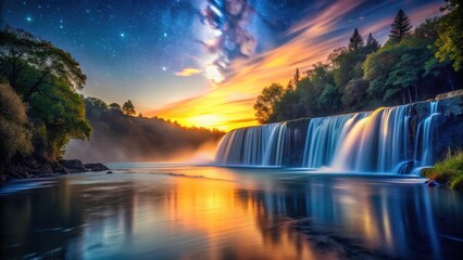 Fototapeta premium Serene Waterfall at Sunset with a Starry Night Sky Reflecting on Calm Water