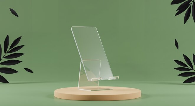 Transparent acrylic phone stand on a beige platform with black leaves and a green background, showcasing a minimalist and modern design aesthetic for product display
