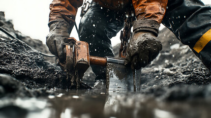 Worker Using Jackhammer in Wet, Muddy Conditions