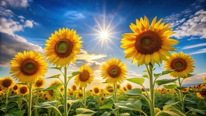 Obraz premium Radiant Sunflowers Basking in Golden Hour Light, a Serene Field of Blossoms Under a Vivid Sky