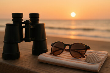 Sunset beach scene with binoculars, sunglasses, and seashell on towel by the ocean