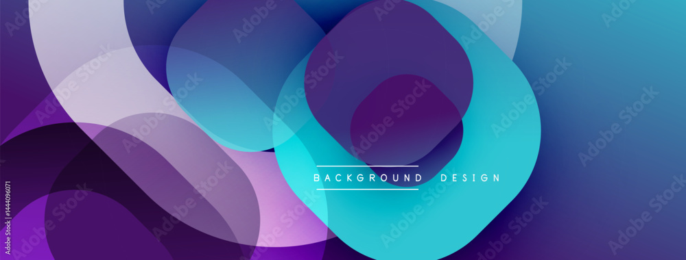 Poster Abstract composition. Overlapping circles create dynamic visual effect. Purple, blue hues dominate design. Modern, clean aesthetic.