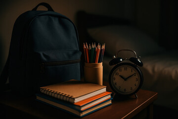 Cozy bedroom study setup with alarm clock and school supplies on wooden table