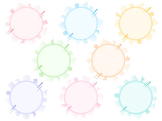 カラフルなドットとストライプ柄の丸三角四角の図形と右上がりのラインの円形フレームセット